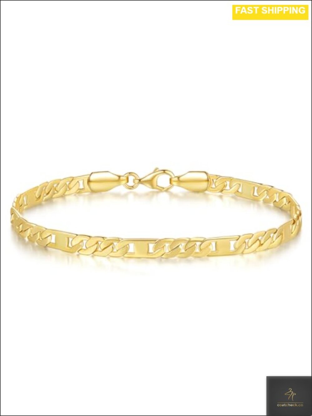 14K Gold Plated Flat Figaro Chain Bracelet, Lobster Claw, Unisex